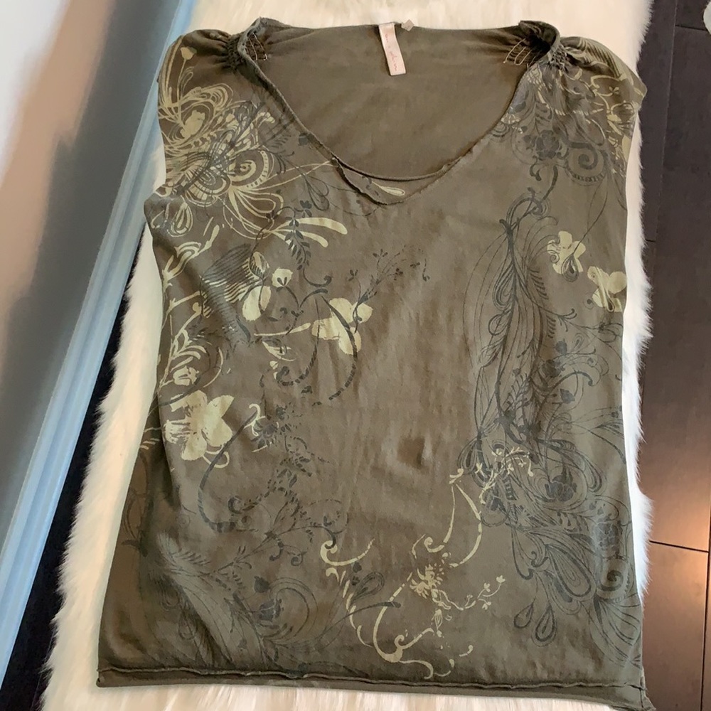 On a Whim Boho Floral ruffled olive green top